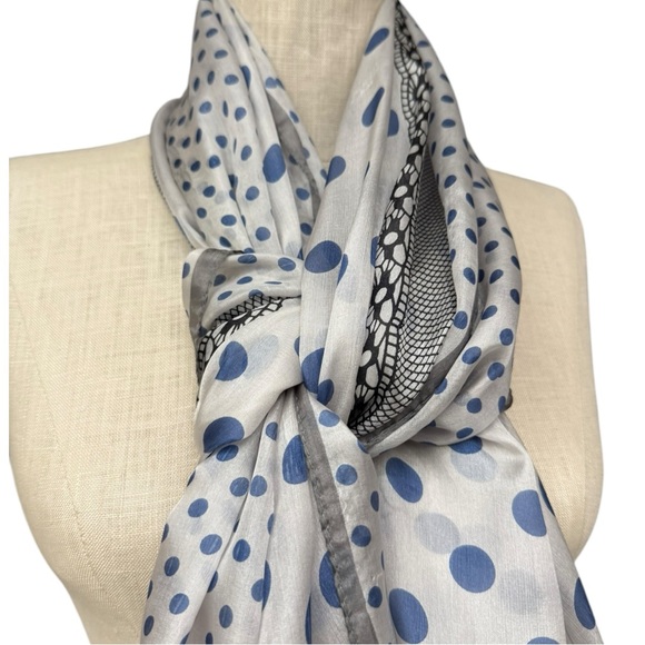 Vintage Sheer Blue Polka Dot Scarf Black Lace Border 70x42 Oversized Wrap - Picture 4 of 13